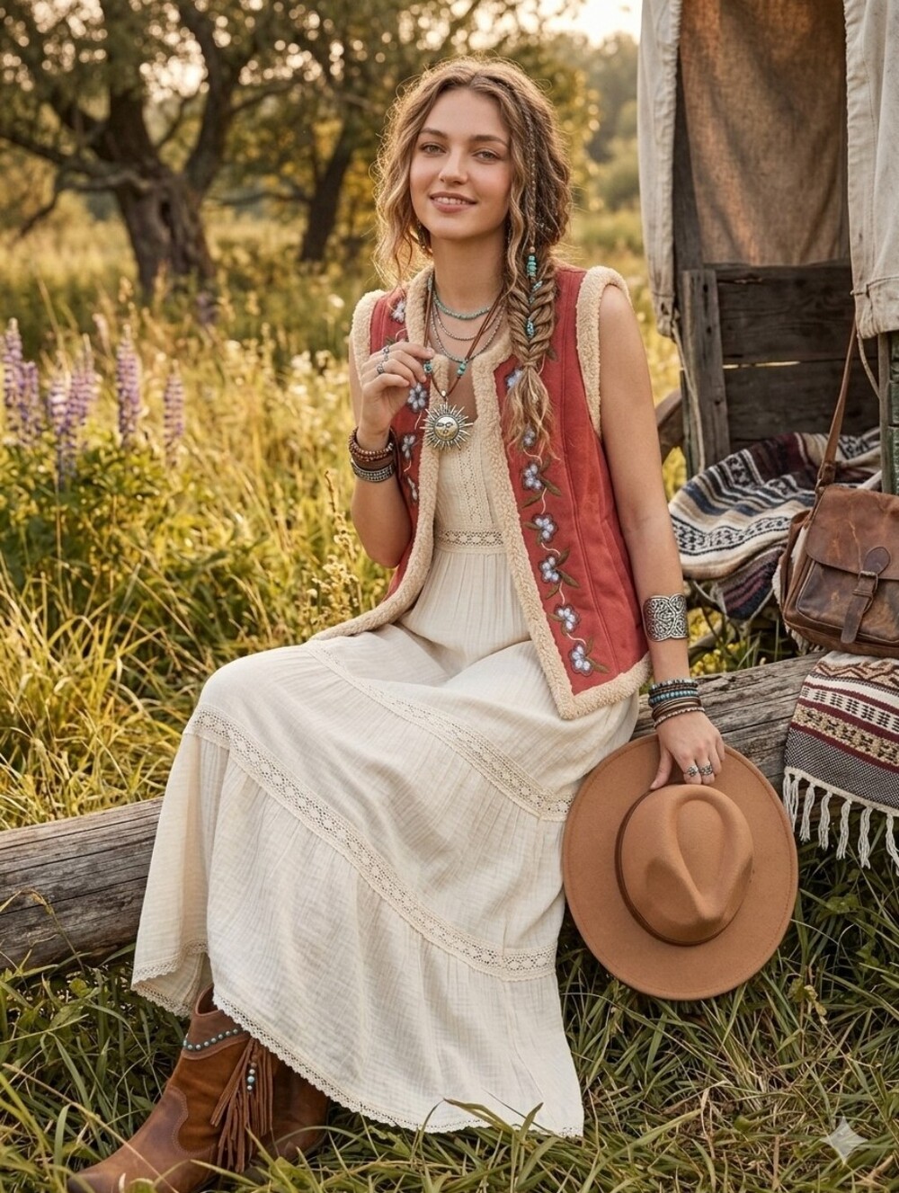 Sherpa Lined Vegan Suede Boho Vest with Floral Embroidery - Size S